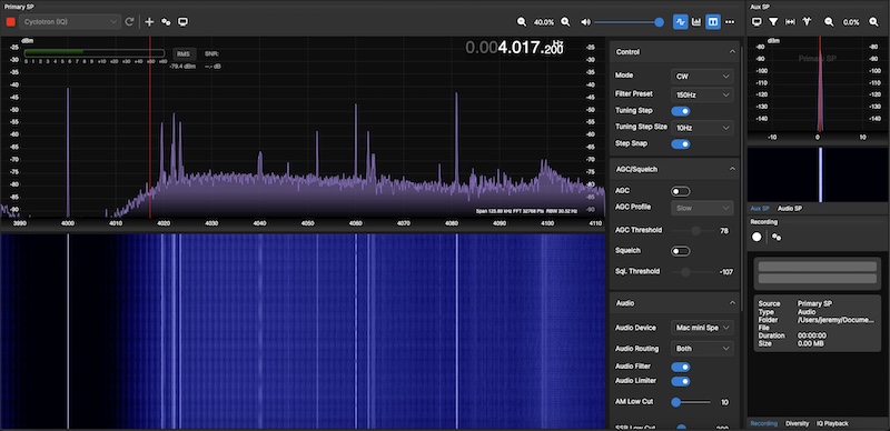 A screenshot of SDRconnect showing VLF frequencies converted to 4kHz.