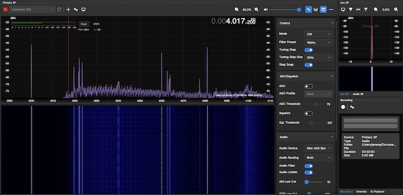 A screenshot of SDRconnect showing VLF frequencies converted to 4kHz.