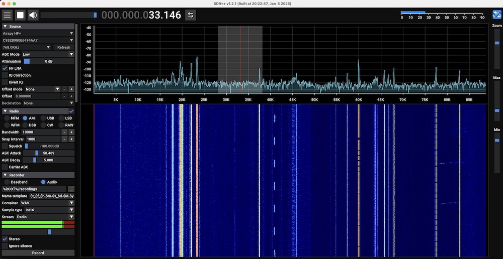 SDRpp on MacOS showing signals from 0Hz to just over 80kHz.