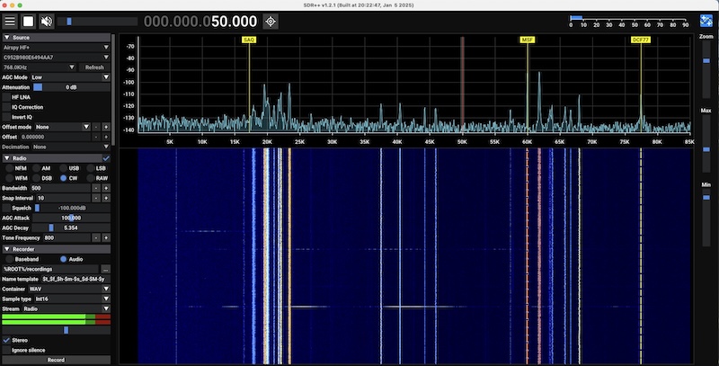 Screenshot of SDR++ on the Mac showing reception from 0 to around 85kHz