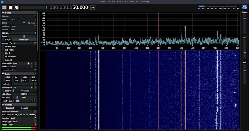 Screenshot of SDR++ on Linux showing reception from 0 to around 85kHz