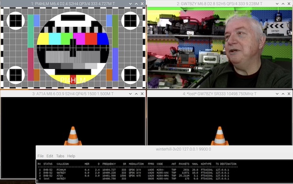 A screenshot of the Winterhill display on a Raspberry Pi showing 4 VLC windows with two having video content