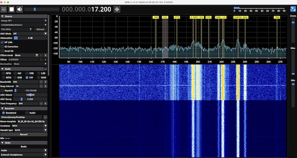 A screenshot of SDR++ on a Mac showing reception of SAQ on 17.2kHz plus other close by signals.