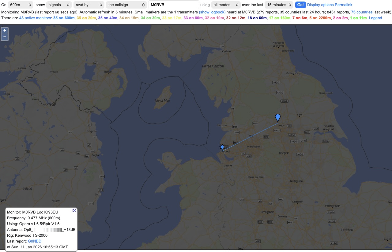 A screenshot of the pskreporter map showing the report of the above beacon reception