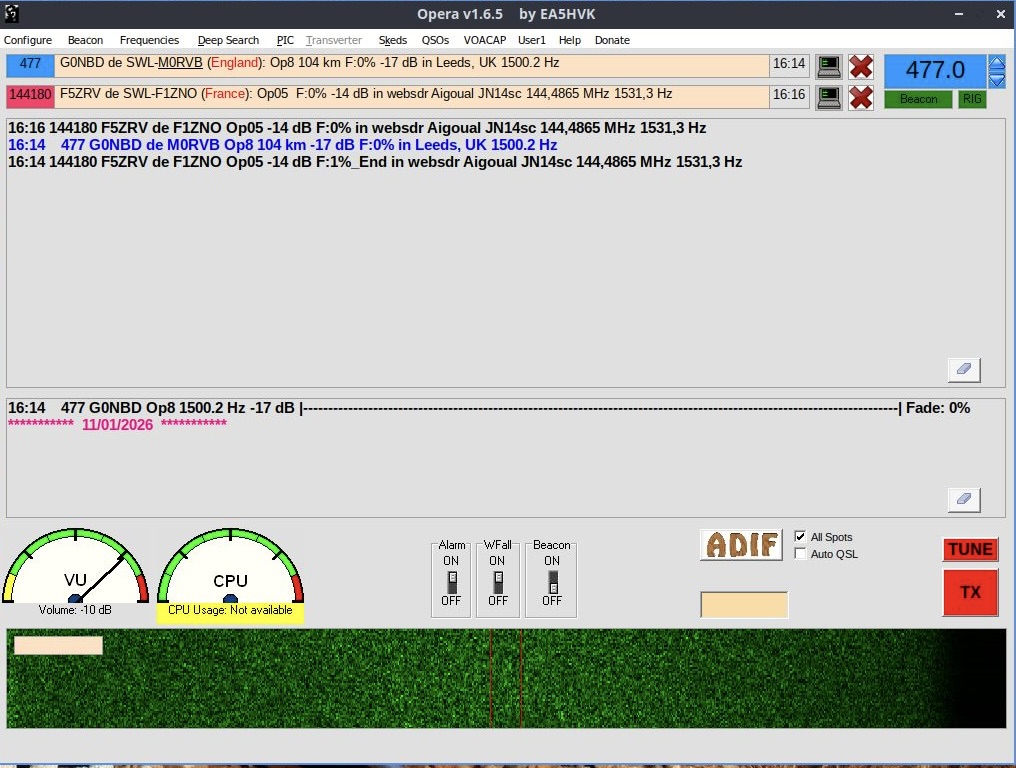 A screenshot of Opera v1.6.5 showing reception of a beacon