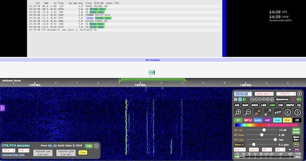 A screenshot of the KiwiSDR web page showing FT8 decodes in the 40m band