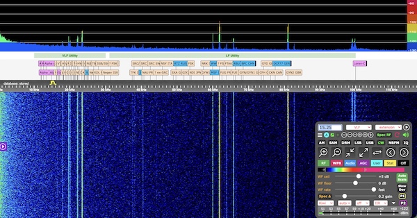 A screenshot of the KiwiSDR web page showing the VLF spectrum and peaks