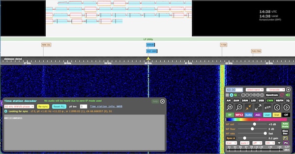 A screenshot of the KiwiSDR web page showing a decode of the 60kHz time signals from the UK