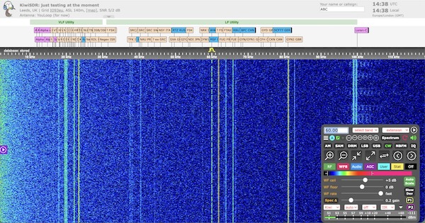 A screenshot of the KiwiSDR web page showing the waterfall and a range of VLF frequencies
