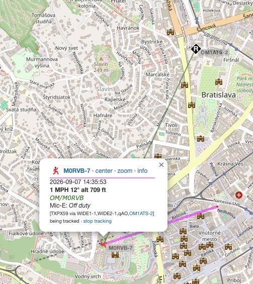 A screenshot of aprs.fi showing the callsigns M0RVB (OM/M0RVB) and OM1ATS