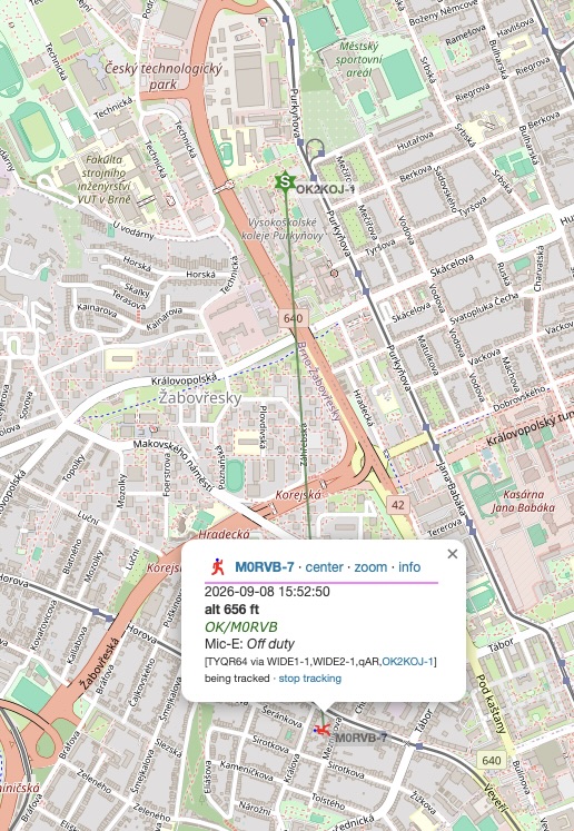 A screenshot of aprs.fi showing the callsigns M0RVB (OK/M0RVB) and OK2KOJ
