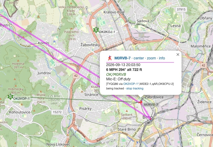 A screenshot of aprs.fi showing the callsigns M0RVB (OK/M0RVB) and OK2VOP and OK2KOJ