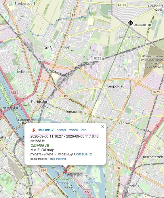 A screenshot from aprs.fi showing a map of Vienna and the callsigns M0RVB (OE/M0RVB) and OE3BUB
