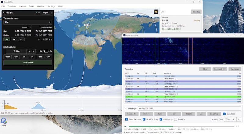 A screenshot of the OscarWatch software showing a map of the Earth with the orbit and position of RS-44. There is a panel top left showing transponder information and one bottom right showing FT4 traces and QSO details.