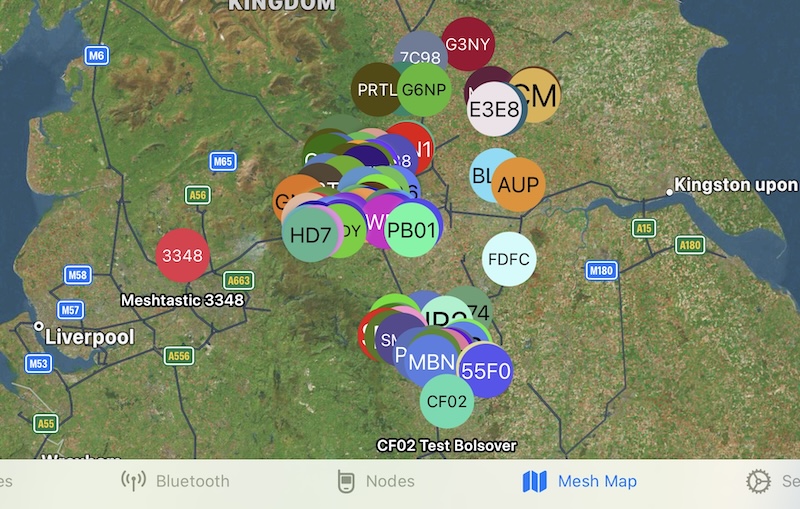 Meshtastic app map showing the nodes that can be seen within 3 hops of here