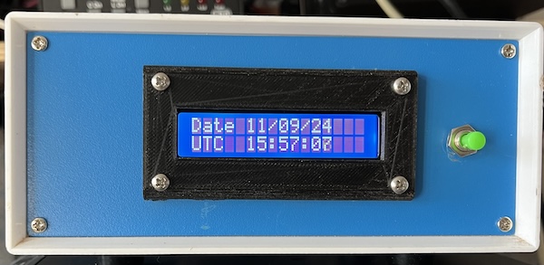 The display on the GPSDO module showing the current date and UTC.